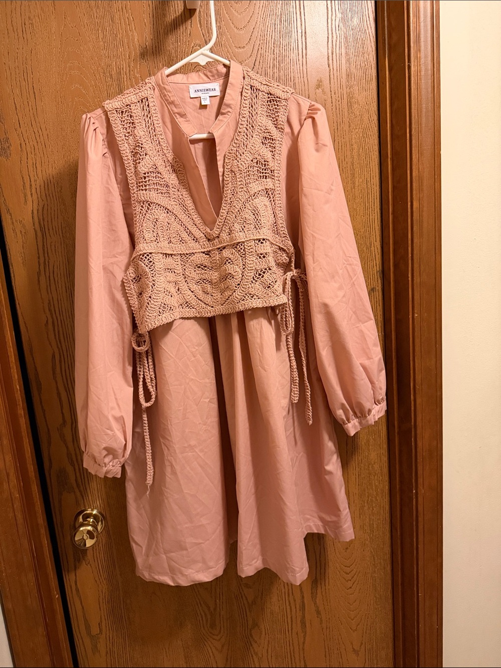 Anniewear Blush Long Sleeve Crochet-Overlay Dress